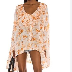 Free People Loretta Cream Floral Ruffle V-Neck Tunic